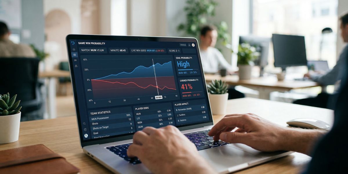 Laptop screen displaying a sports analytics dashboard with probability curves and win percentages, with hands typing in the foreground of a modern office.