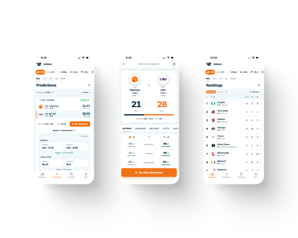 Versus mobile app — predictions, simulation, and rankings